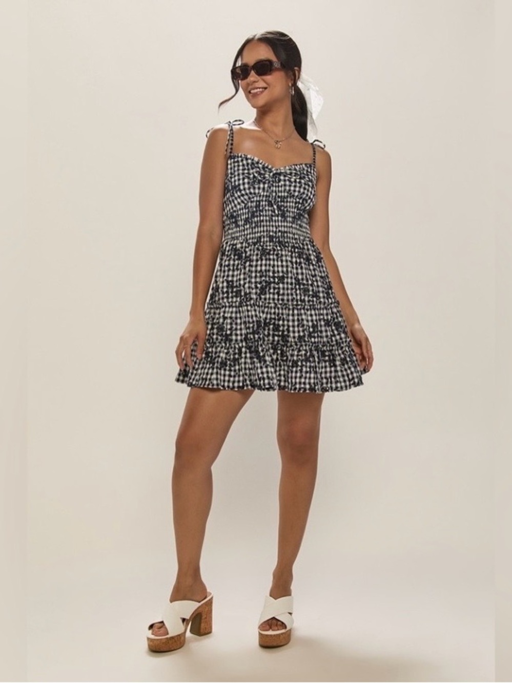 Francesca's Collections Black and White Gingham Tie-Shoulder Mini Dress
